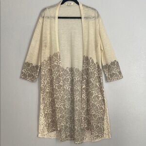 Simply Noelle Womens Open Front Cardigan Long Sleeves Floral Lace Cream Size L